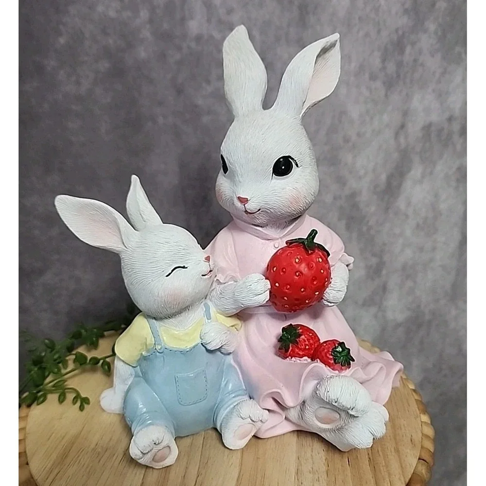 Easter Bunny Rabbit Momma and Baby Bunny With Strawberries Figure Figurine Resin